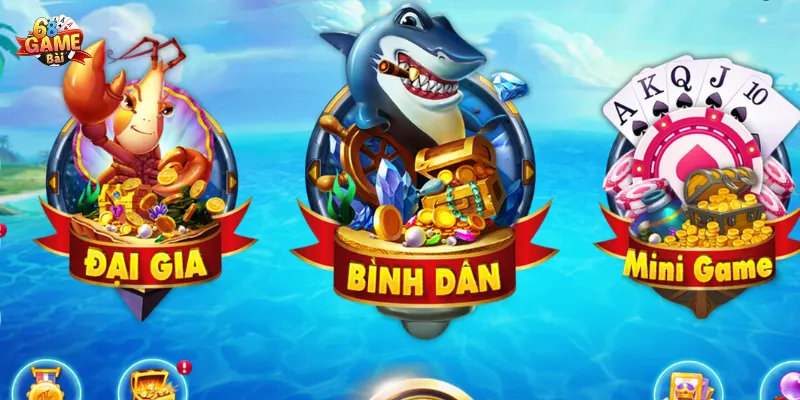 Bắn cá thần tài bao gồm 3 chế độ chơi khác nhau là sảnh Bình dân, sảnh Đại gia và Minigame