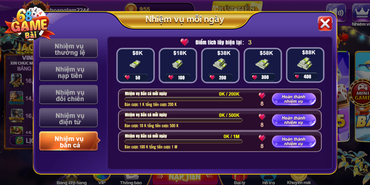 Nhiệm vụ mỗi ngày tại 68 Game Bài sẽ làm mới mỗi ngày